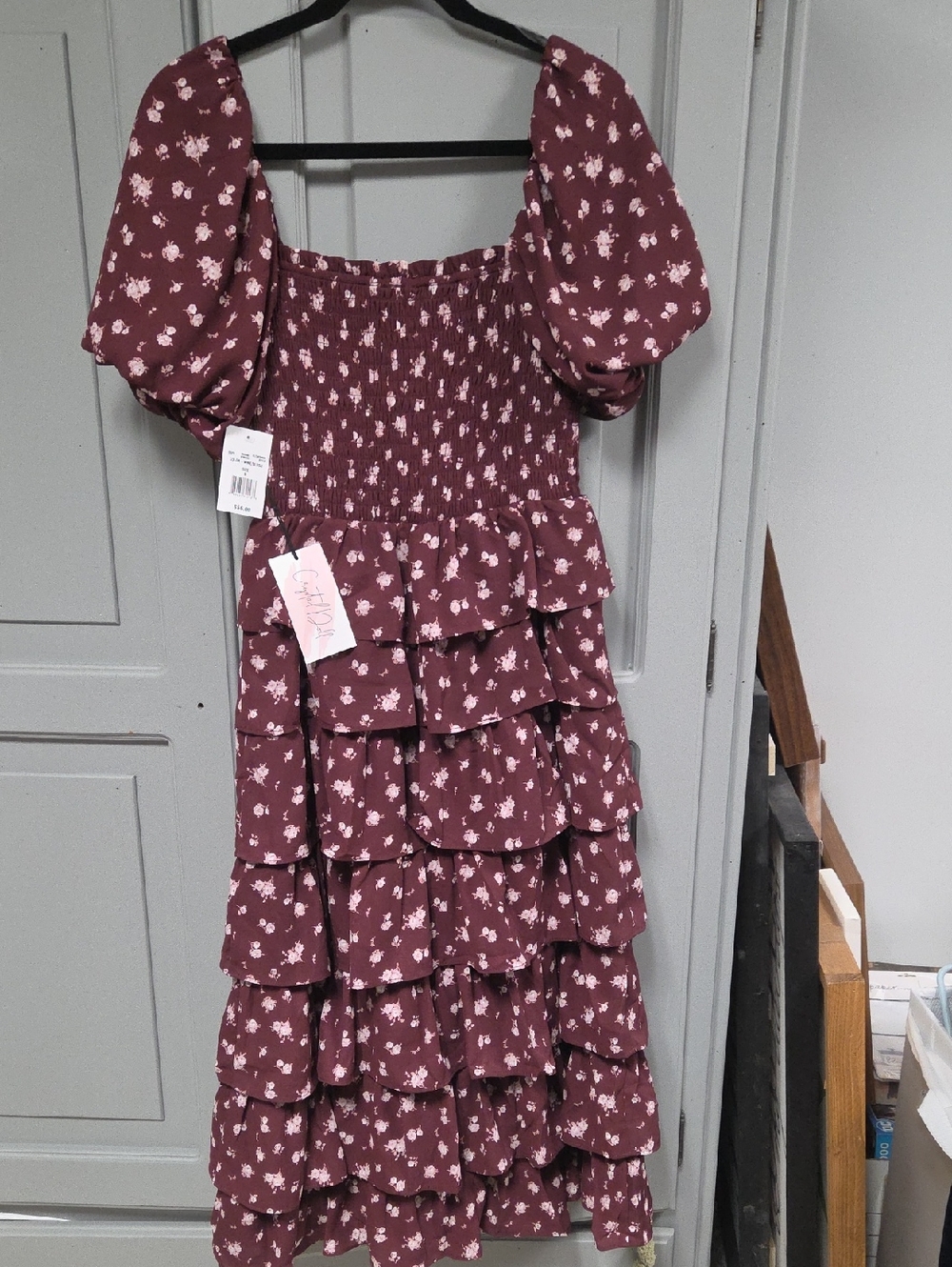 Crystal Doll Mauve Floral Tiered Midi Dress